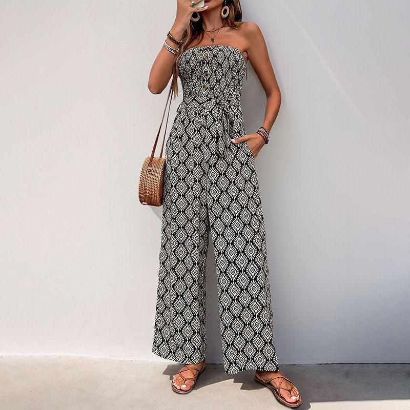 Printed Strapless Jumpsuit2025 Summer New Vacation European and American Print Tube Top Jumpsuit
