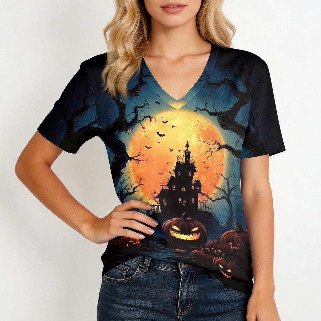 Women's Casual Short Sleeve Halloween Print V Neck Pullover Top Comfortable Lightweight Fabric Relaxed Fit