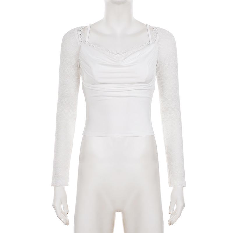 Trendy Spicy Girl Sheer Long-Sleeve Lace Patchwork T-Shirt