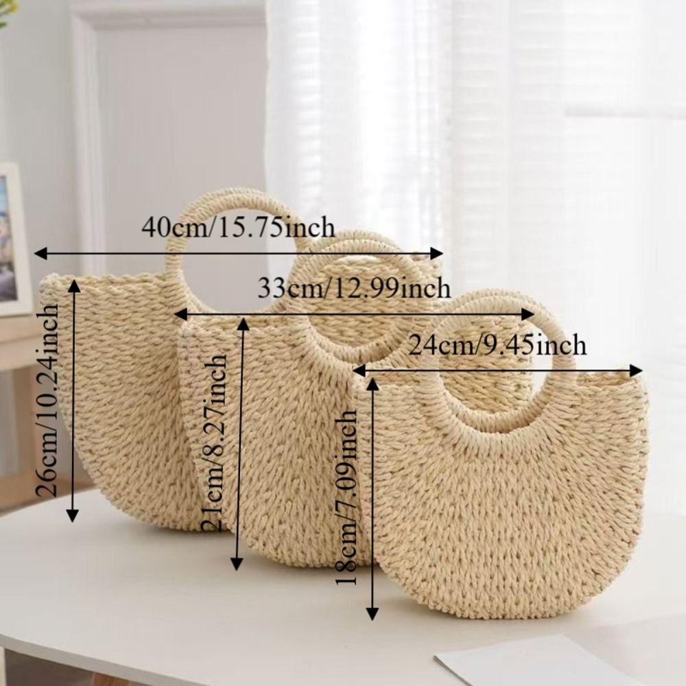 Large Capacity Straw Woven Handbag Half-Moon Shape Simple Shopping Bag Female