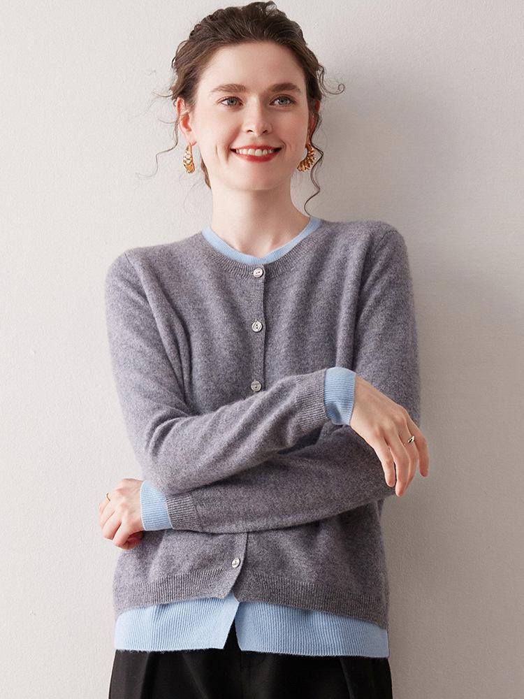 2025 Autumn/Winter Cashmere Color Block Two-Piece Knit Cardigan – Elegant Campus Style Sweater Top