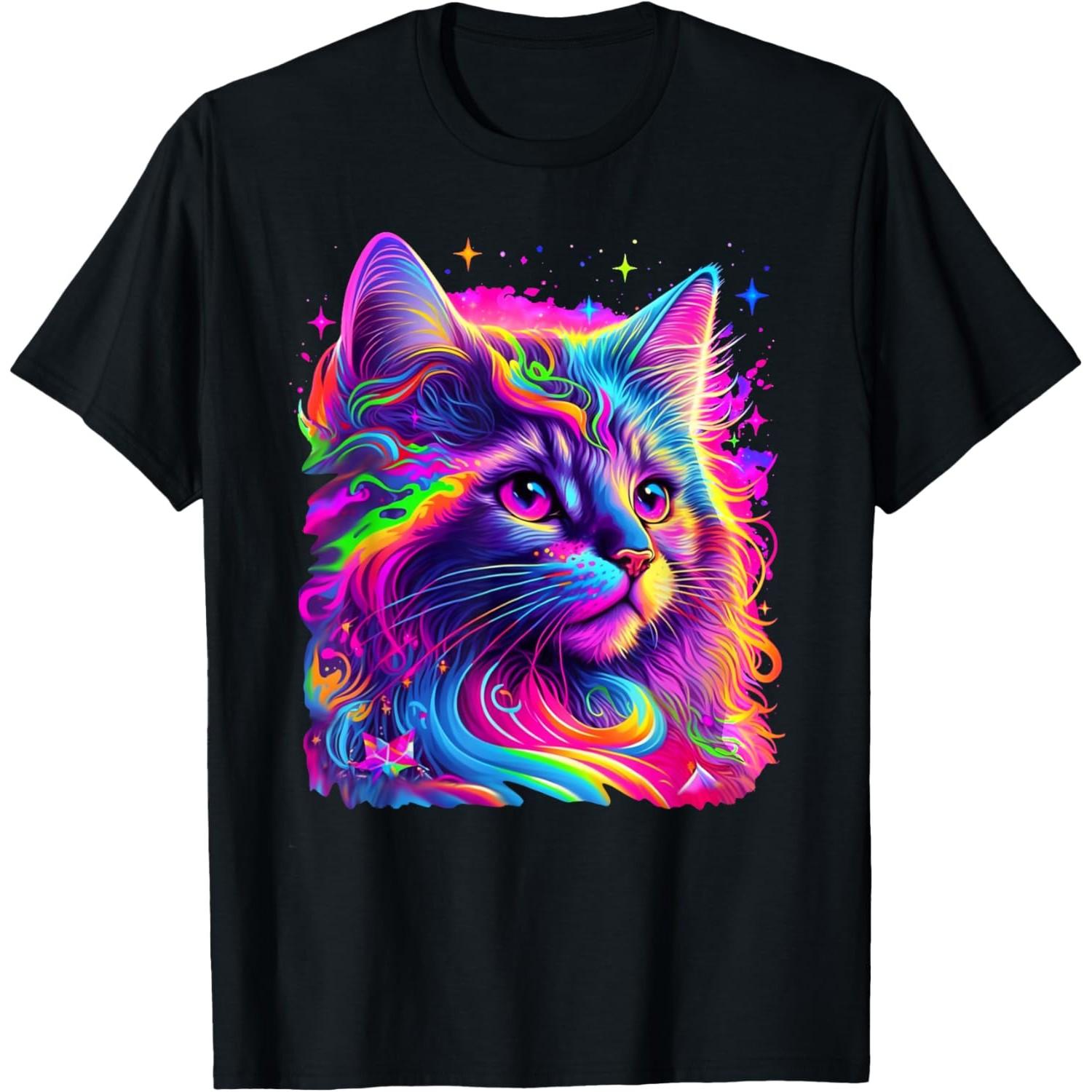 Neon Psychedelic Cat Portrait Graphic T-Shirt Round Neck Breathable Cotton Tee for Men S