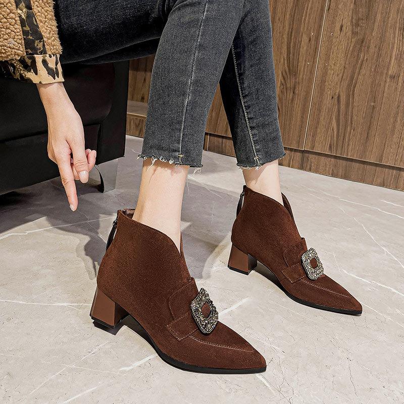 Pointed short boots 2024 new autumn and winter thick heels high-top shoes retro deep-mouth single shoes rhinestone square buckle short women's boots