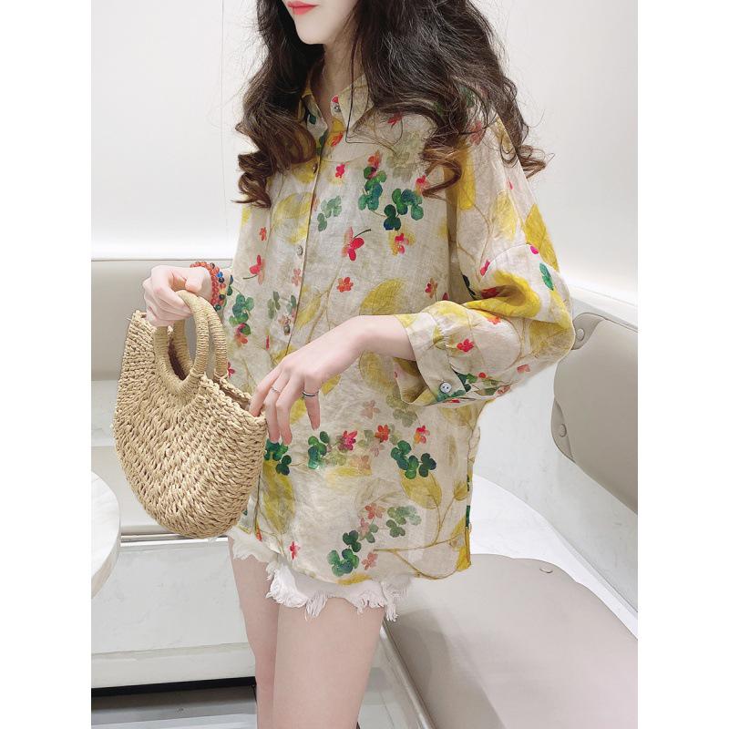 Korean Style Bat Sleeve Floral A-Line Ramie Top - Loose, Trendy & Sweet