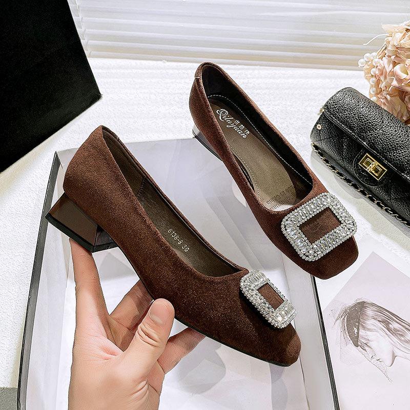 Low-heeled single shoes women's 2025 new spring and autumn women's shoes rhinestone buckle French square head shoes black thick-heeled high heels