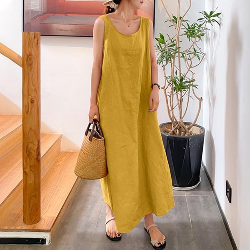 YYFS Women's Fashion Summer Spring Solid Color Print Sleeveless U-Neck Loose Waistline Casual Dresses