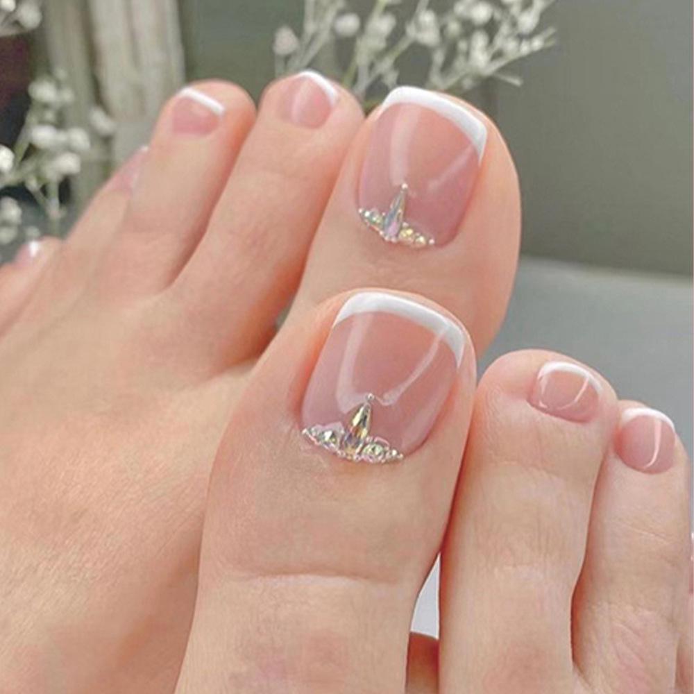 

24-Piece Minimalist French Bling Press-On Toenails with Pink Glitter & Rhinestones