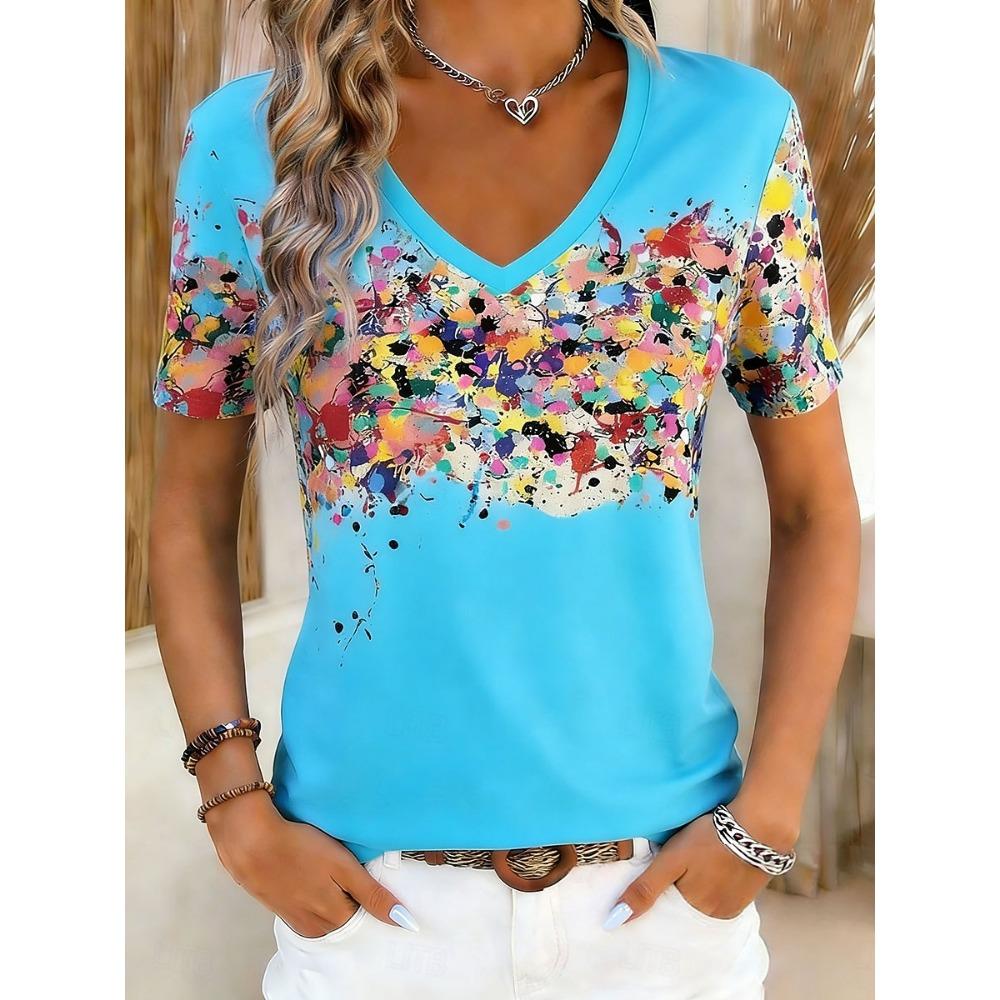 Whimsical Vibrant Splatter Print Casual T Shirt V Neck Short Sleeve Tee For