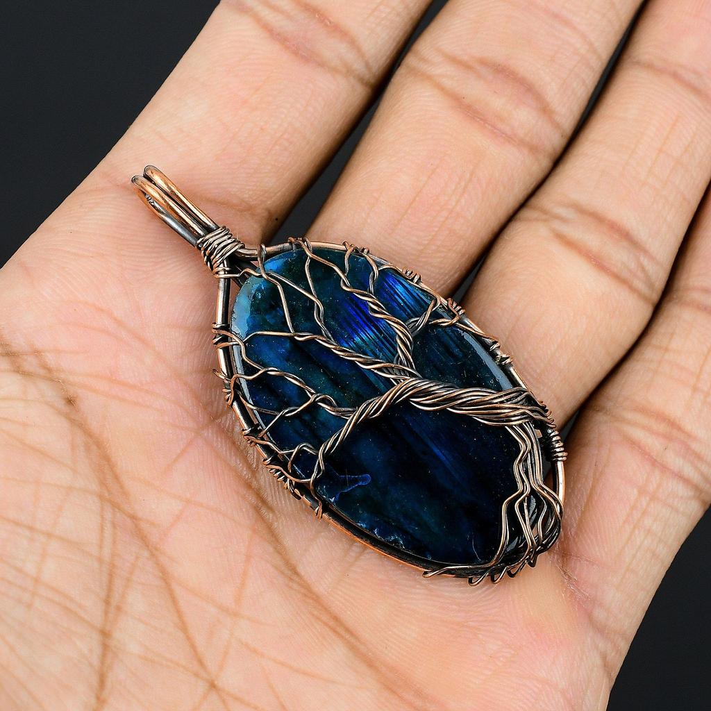 Blue Flash Labradorite Handmade Pendant, Natural Gemstone Jewelry, 999 Copper Wire Wrapped Pendant Jewelry, For Gift