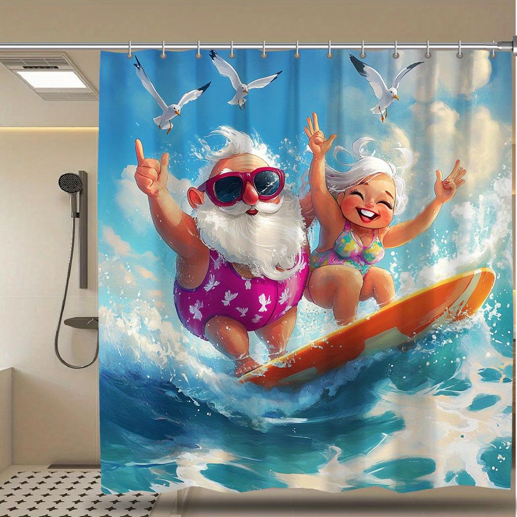 Open 1 exquisite surfing old couple themed digital printed shower curtain, the shower curtain is made of polyester fabric