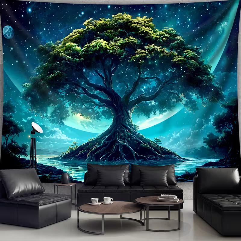 2D Enchanted Forest Tree Tapestry Cosmic Starry Background Cloth