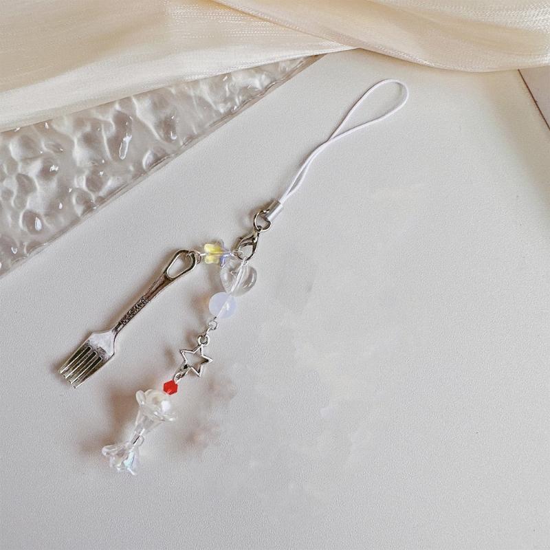 Cute Beaded Fork Phone Chain Ornament Heart Beaded Cellphone Pendant Phone Lanyard Bag Charm for Fashionable Individuals