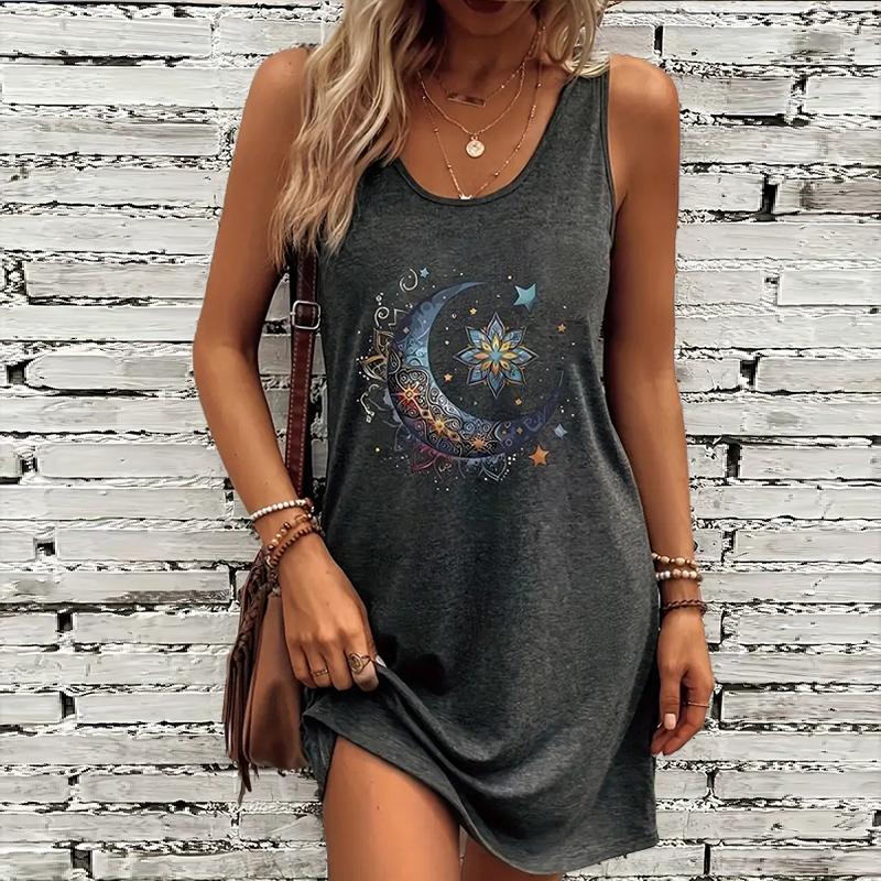 

Женское платье без рукавов с круглым вырезом и принтом луны, свободное, мягкое и удобное, большого размера 8XL серый
