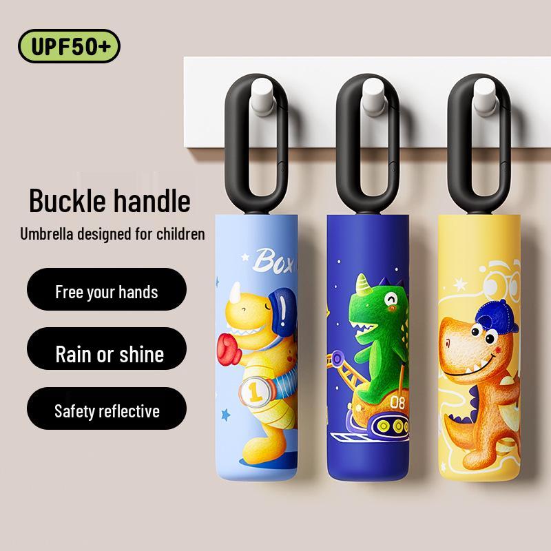 Children's Folding Umbrella with Loop Buckle - Dual-Use, Black Glue Sun & Rain Protection for Primary School Students
