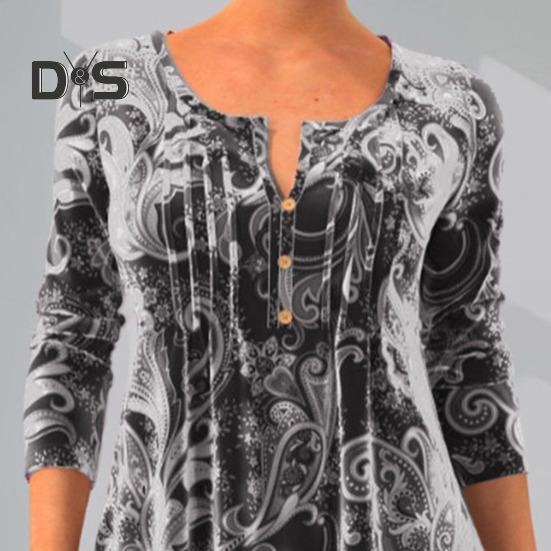 Women Fall Spring Top Vintage Print Round Neck Long Sleeve Button Mid Length A line Soft Pullover Lady Daily Blouse T shirt