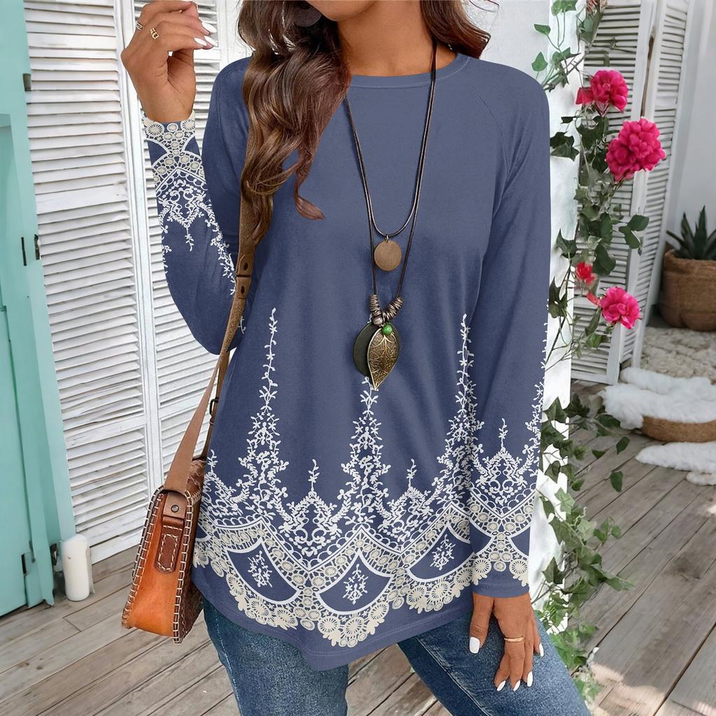 Women's Casual Plus SizeLong Sleeved Round Neck Vintage Ethnic Printing T-shirt Top Pullover