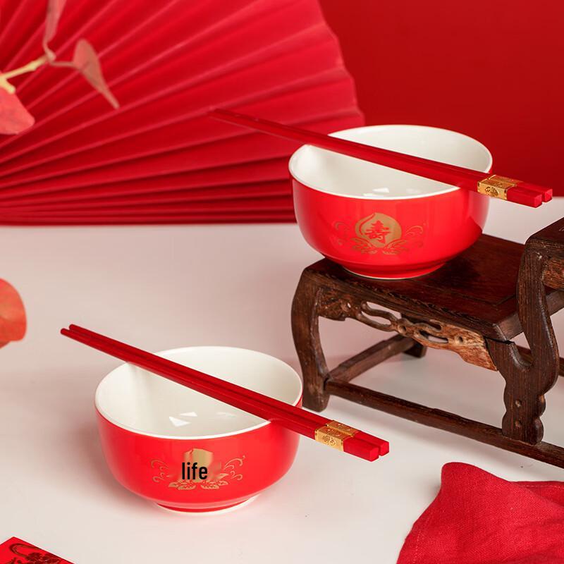 Chinese Red Ceramic Longevity Bowl Gift Set