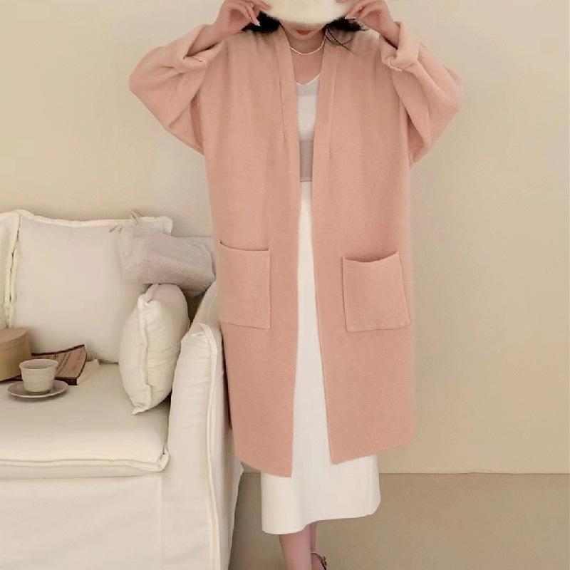 Autumn and Winter Lazy Wind In The Long Section of Large Pockets Sweater Female Retro Loose Thin Knitted Cardigan
