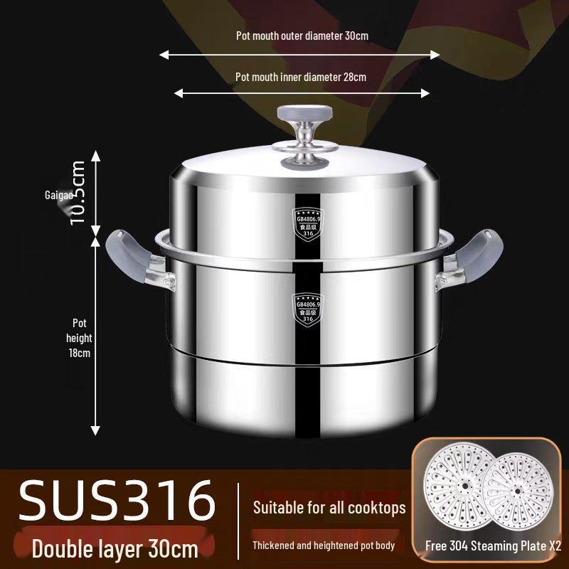 316 Stainless Steel Steamer Pot with Silicone Handle - Large Capacity Multi-layer Stew Basket