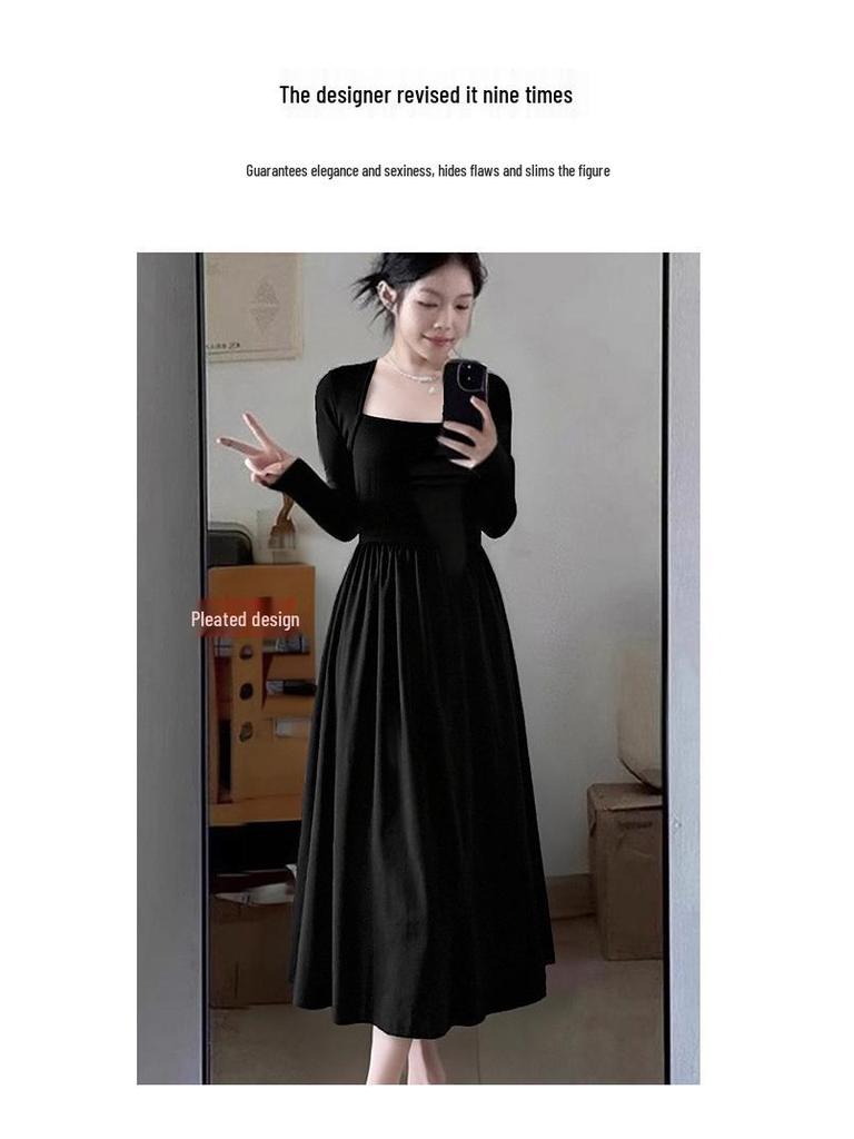 Hepburn-Inspired Women's Black Coat with Dress, Perfect for Petite Figures, Spring/Autumn/Winter, High-End Aesthetic