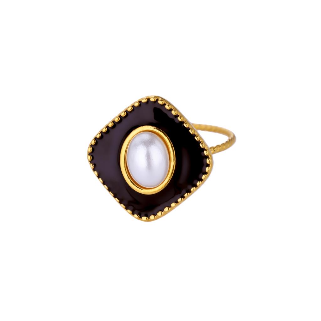 Vintage Pearl & Enamel Rings For Women Gold Plated Stainless Steel Geometric Ring Hypoallergenic Wedding Christmas Jewelry Gift