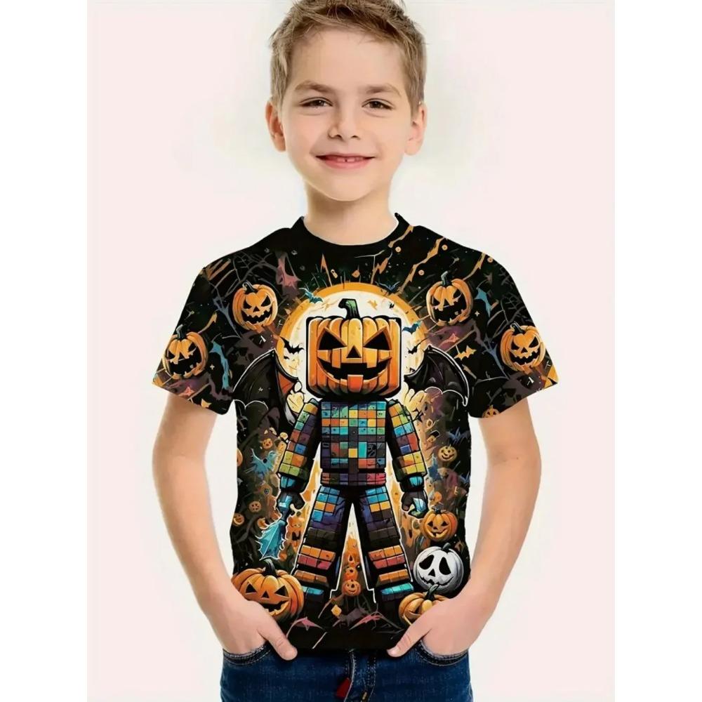 Rundhalsad 3D Robot & Pumpa Grafiskt Tryckta Kortärmade Barnpojks T-shirts - Mjuk Medium Stretch Polyestertyg Sommar Avslappnad Passform Kläder