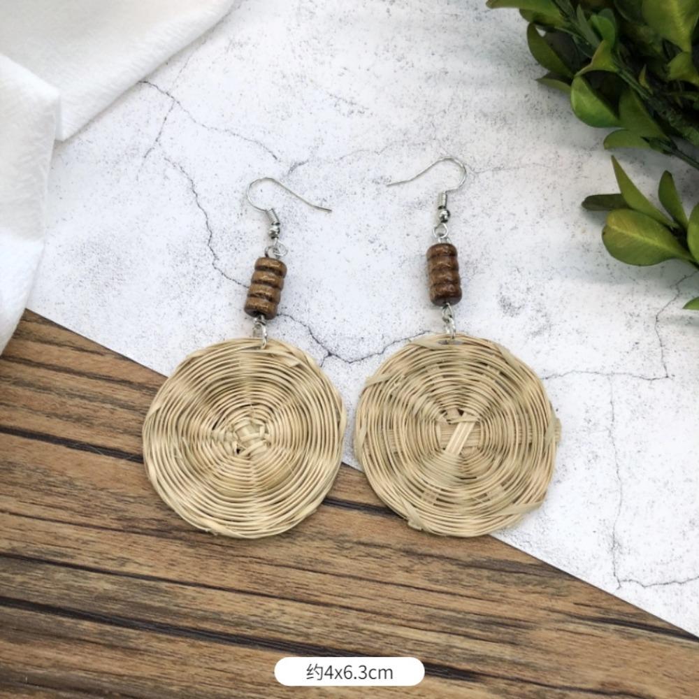 Vintage Mori Grass and Rattan Woven Handmade Earrings Bohemian Vacation Style Stud Earrings Female Ethnic Style Summer Ear Jewelry