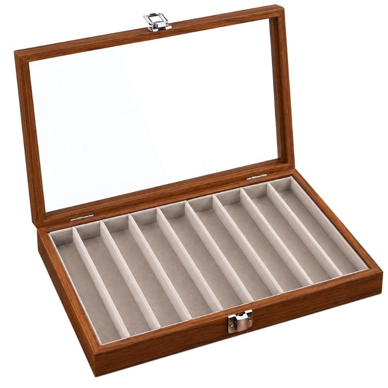 Necklace Storage Display Box with Clear Glass Lid, Separate Long Compartments, Front Clasp and Black Walnut Pattern