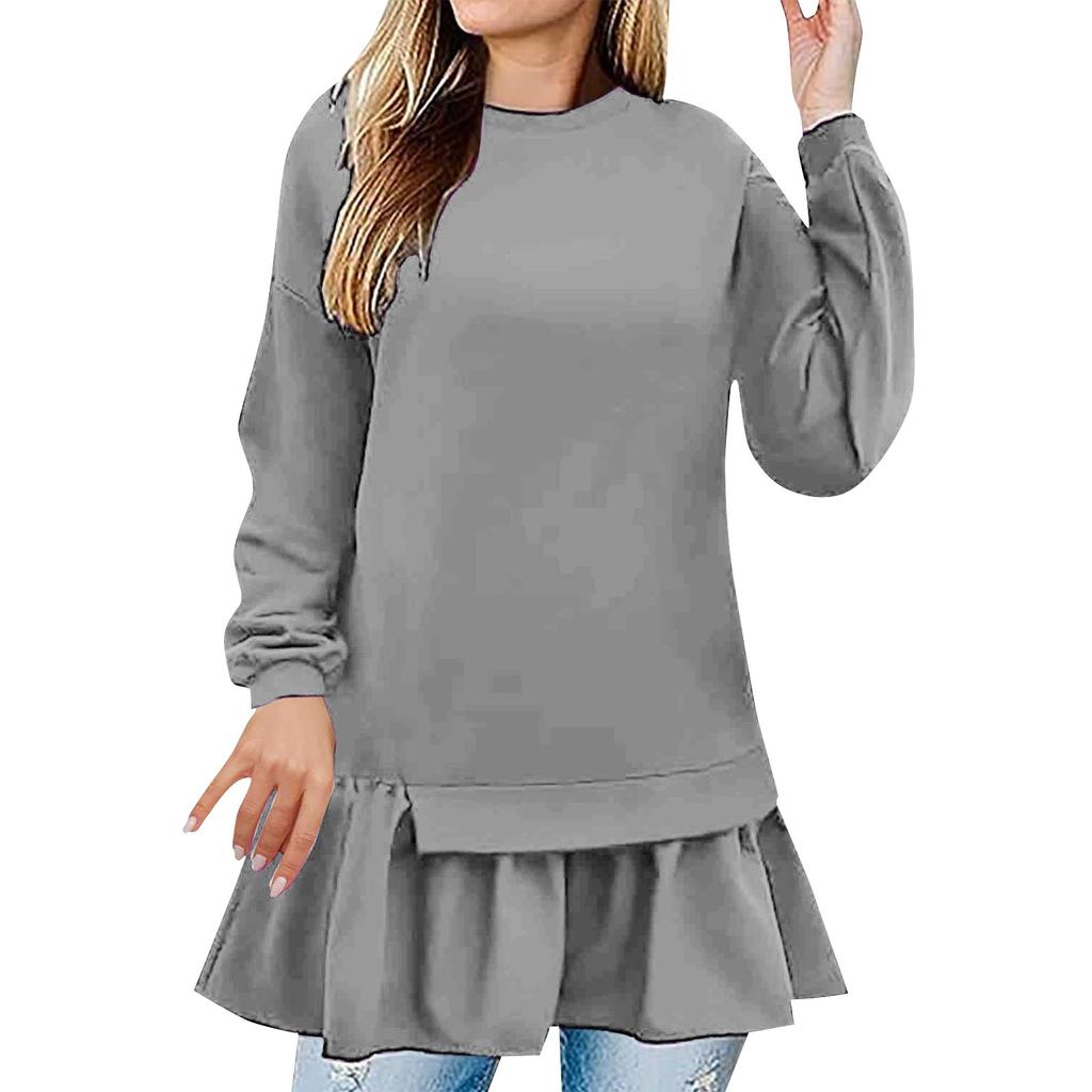 Women's Fashion Casual Loose Long Sleeve Ruffle Mid-Length Solid Color Sweatshirt