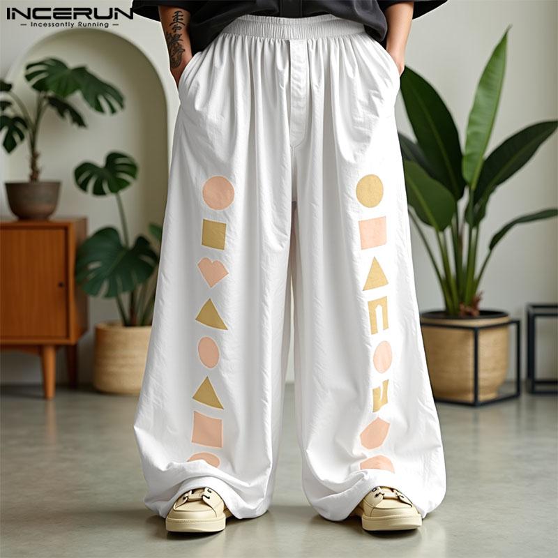 INCERUN Men Casual Loose Elastic Waist Print Long Wide Legs Pants Trousers