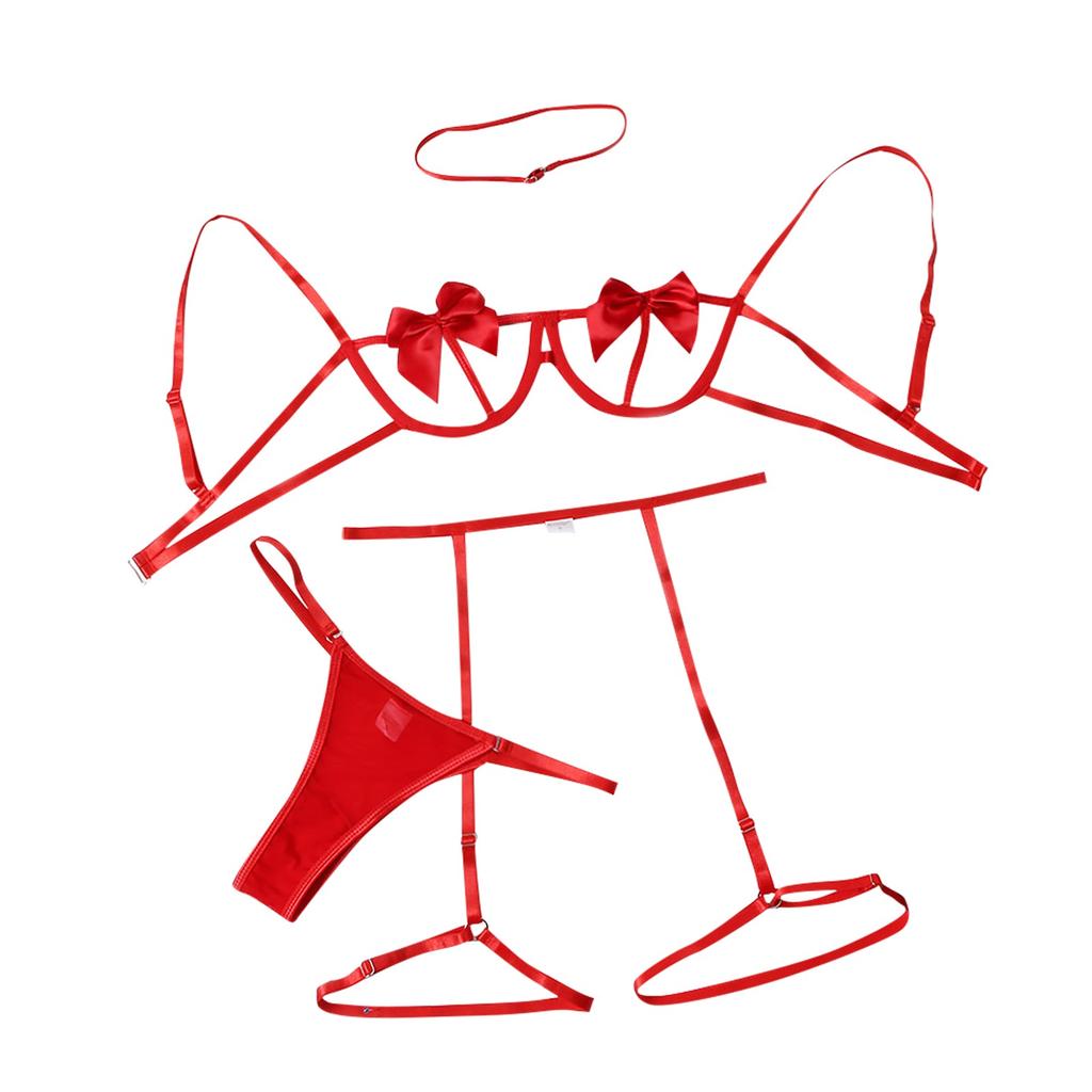 Eroticunderwear Sexy Cute Bowknot Lingerie Underwire Bra Hollow Out With Thong Garter Christmas Festival Cosplay For Women