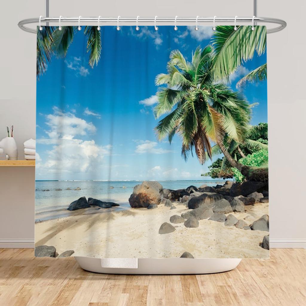 Beach Vacation Shower Curtain Tropical Palm Trees Ocean Waves Starfish Sandy Shore Pattern Waterproof Polyester Bathroom Decor