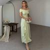 Spring and Summer New European and American Women's Clothing One-word Neck Long Dress Short Sleeve Waist Skinny Pendulum Dress