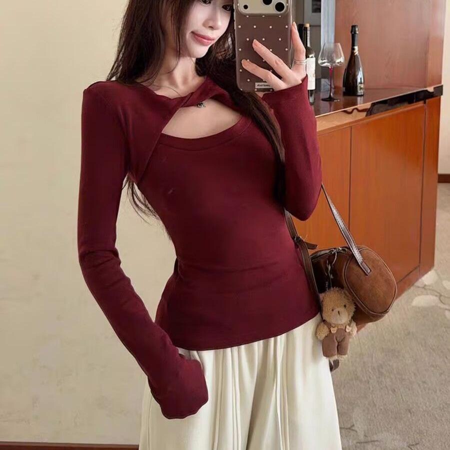 Pure desire sexy hottie hollow kink long-sleeved T-shirt women's autumn and winter design sense slim and thin bottom top