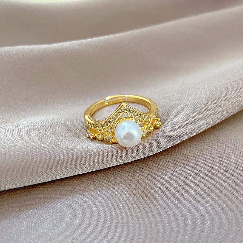 Real Gold Crown Pearl String Empty Ring Opening Adjustable Simple Jewelry Japanese Ring Couple Ring