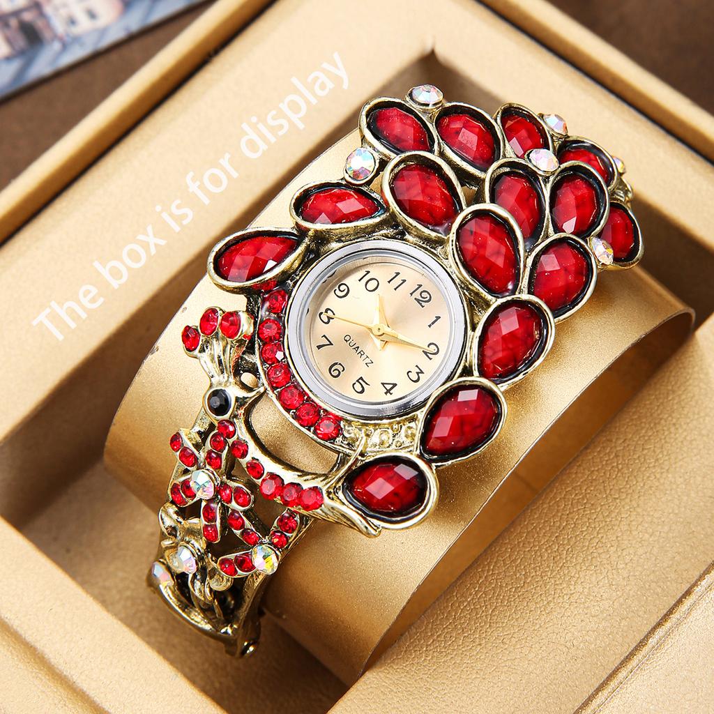 Rhinestone Peacock Hollow Out Bangle Wristwatch Women Quartz Watch