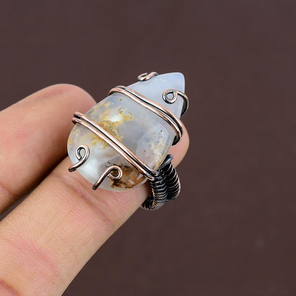 Anel de fio de cobre feito à mão com pedra preciosa de opala dendrita natural tamanho 8 s4E96
