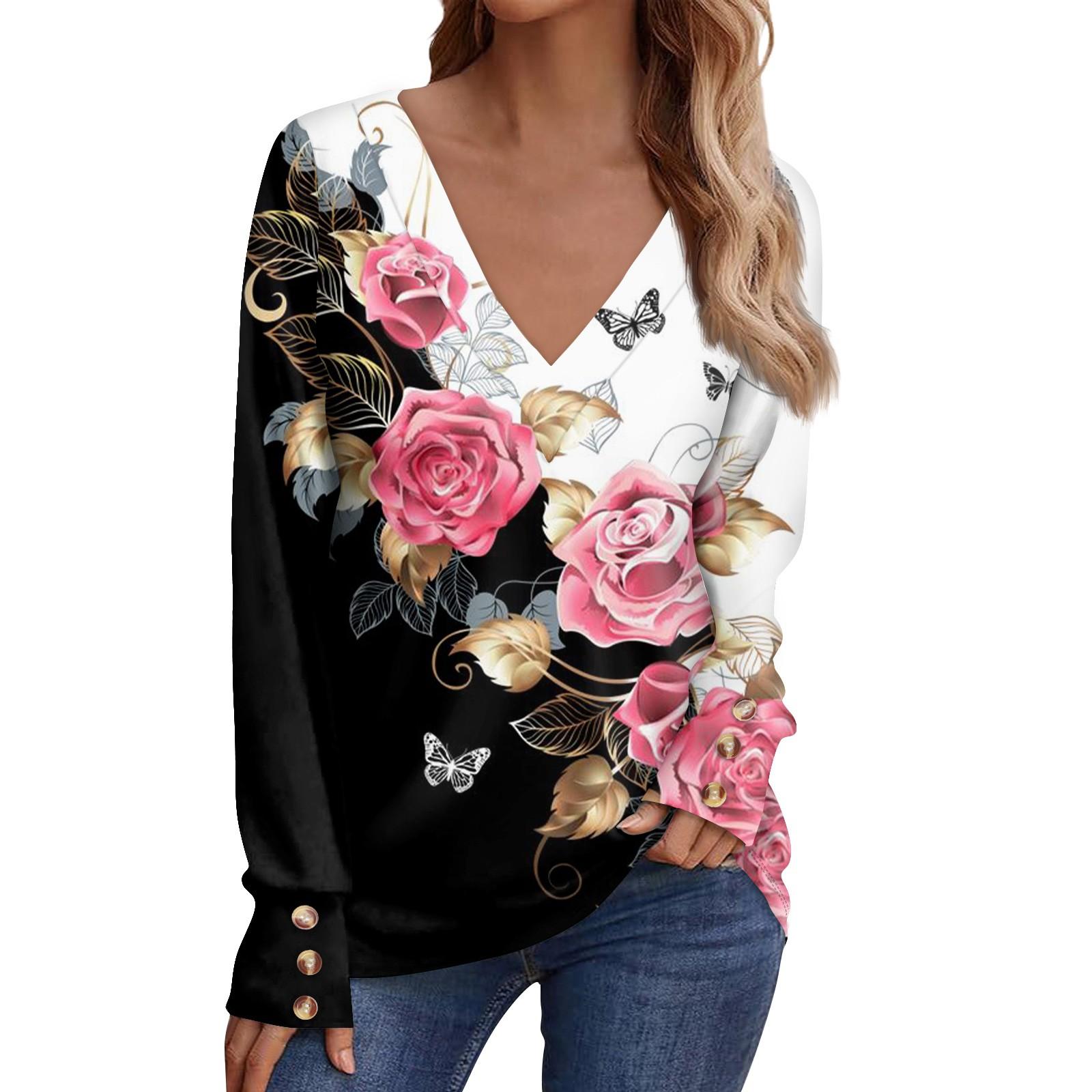 

Женская повседневная футболка с длинным рукавом, V-образным вырезом, принтом и декоративными пуговицами 8XL