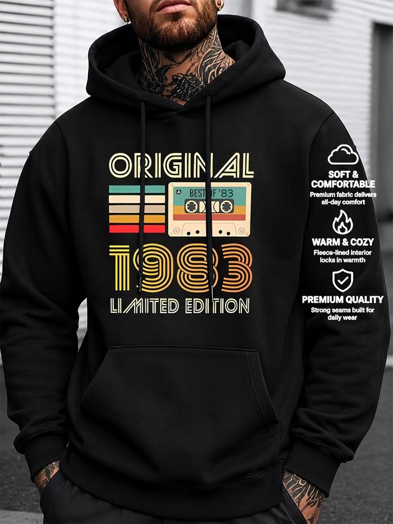 ED Vintage Cast Tape Year Print European And Retro Style 250G Heavyweight Pullover with Pocket Adjustable Drawstring for Unisex Wa