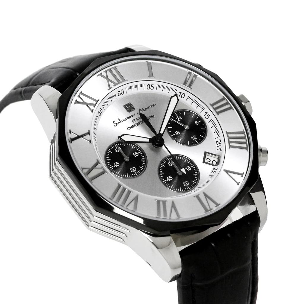 Chronograph 10 ATM Water Leather Panda [Salvatore Marra] Men's Watch, Resistant, Business/Formal Style, Strap, Silver, White/Black, Design,