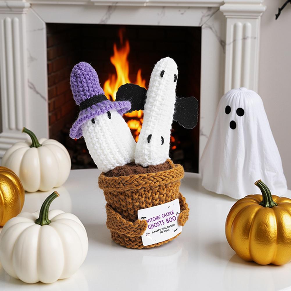 Halloween Knitted Wool Ornaments with Card Crochet Potted Card Doll Handwoven Dolls Figurines for Desktop Home Decoration