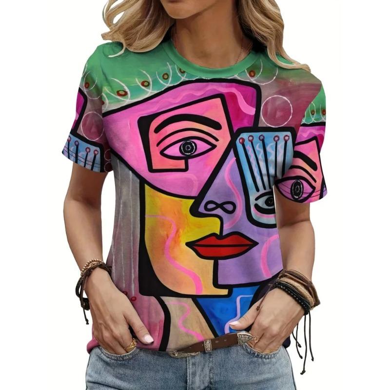 Summer Round Neck 3D Girl Graphic Print Top Fashionable Casual Short Sleeved Women's T-shirts