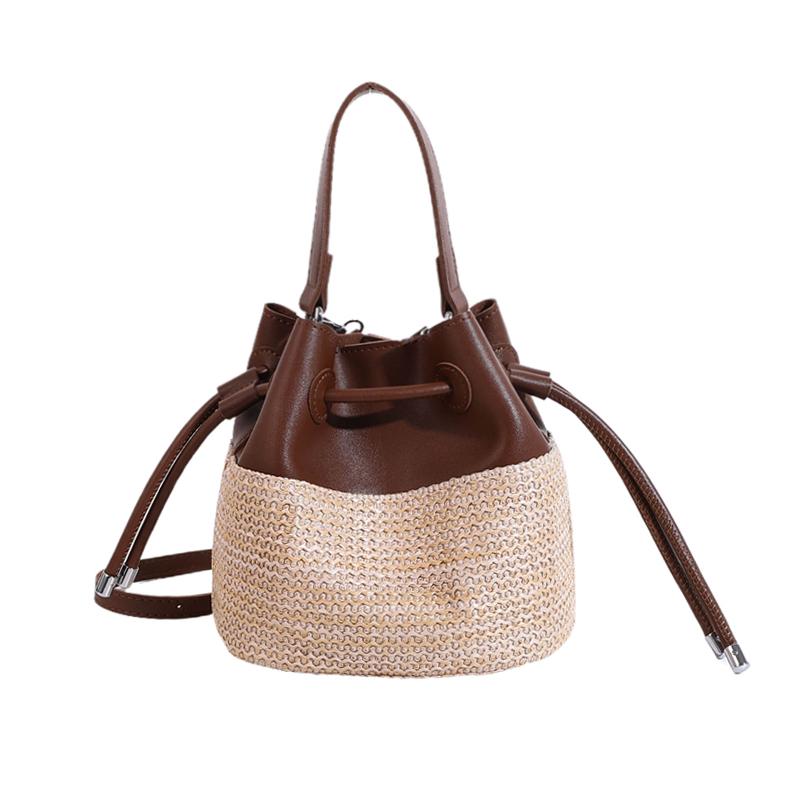 Neue Mode Damen Handgewebt +Leder Kleine Handtasche Große Kapazität Kordelzug Lässig Strand Schultertasche Luxusmarke Umhängetasche