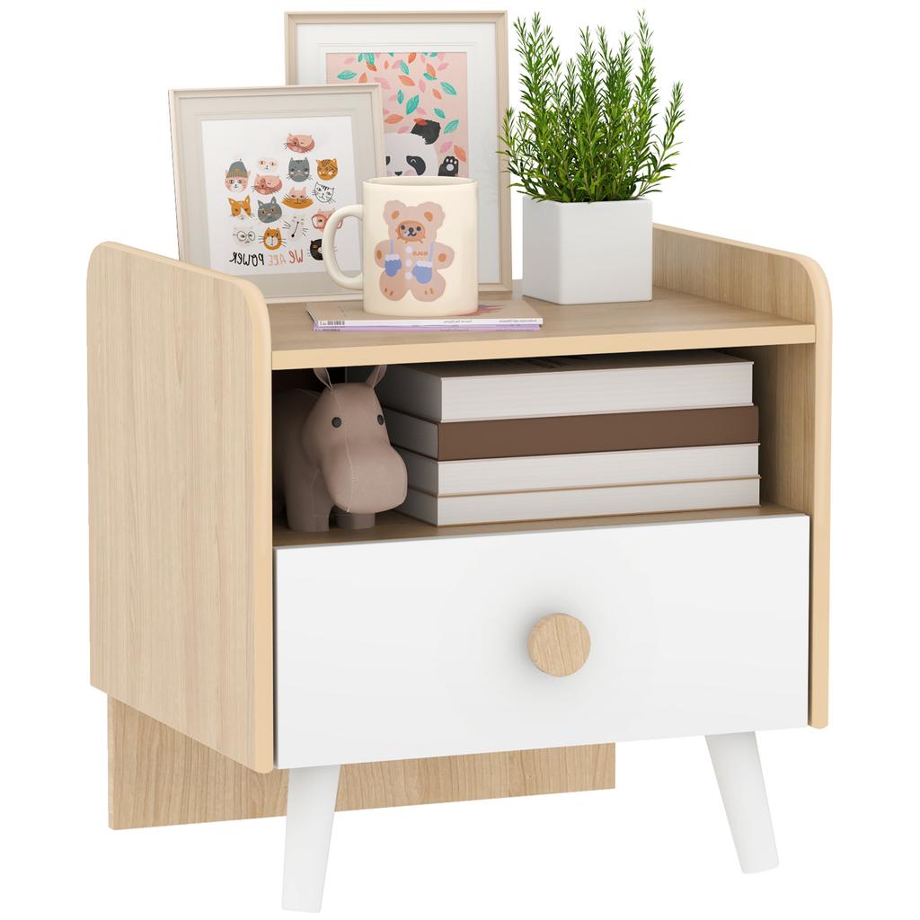 Kids Bedside Table with Drawer and Open Storage Shelf, Wooden Nightstand for Bedroom, Bedside Cabinet, White