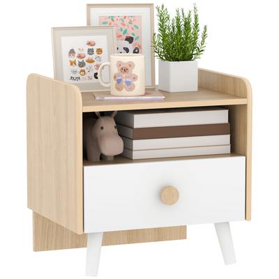 Kids Bedside Table with Drawer and Open Storage Shelf, Wooden Nightstand for Bedroom, Bedside Cabinet, White
