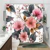 1Pc Pink Peony Branch Shower Curtain - Realistic Floral Design With Brown Branches & Dark Green Leaves On White Background,