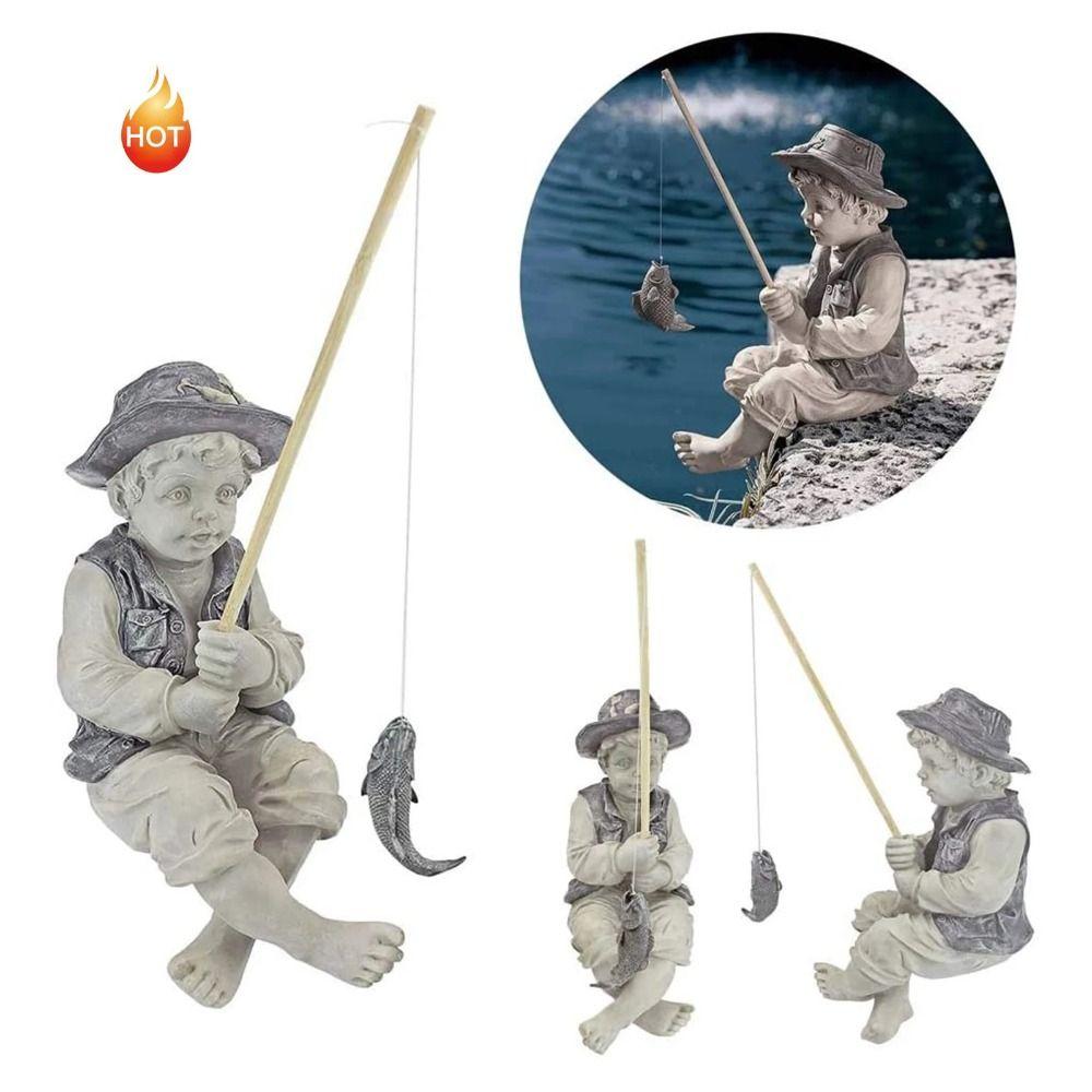 Garden Ornaments Resin Fisherman Figurine Funny Removable Rod Boy Fishing Rod Figurine Garden Statues Garden grigio