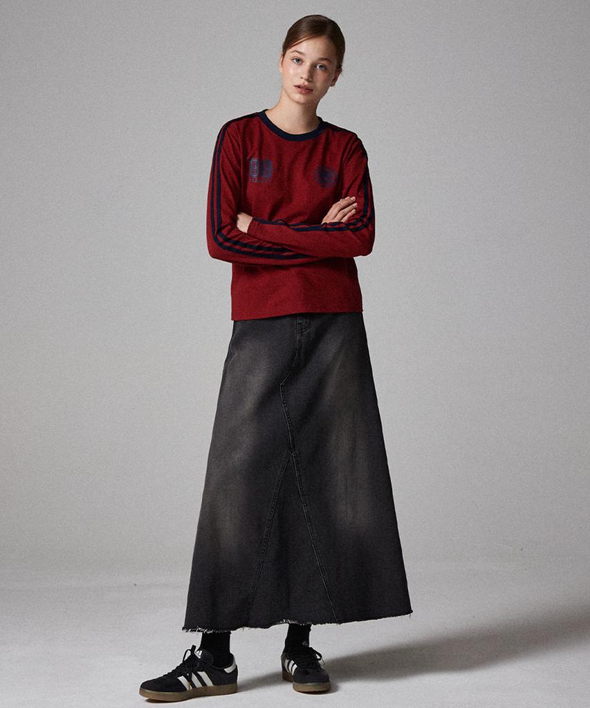 AWESOME STUDIO Football Line Color Block Long Sleeve Tee Wine