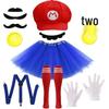 Mario Costume Set: Red Hat, Dress, Gloves, Mustache & Suspenders