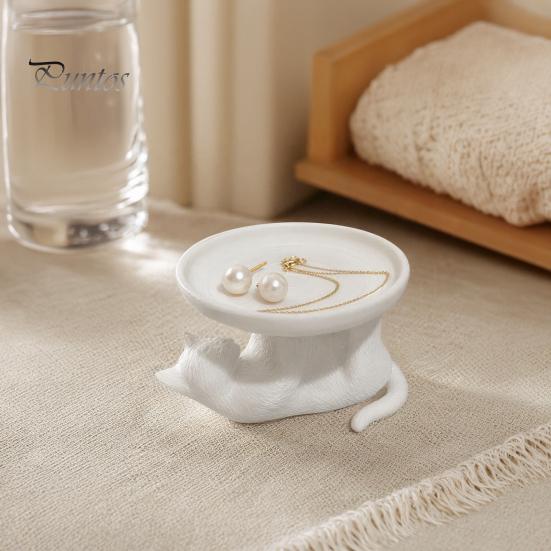 High Precision 3D Printing Tray Printed Reclining Cat Jewelry Tray, Cute Ring Holder & Earring Organizer Dish for Dresser Vanity, Decorative